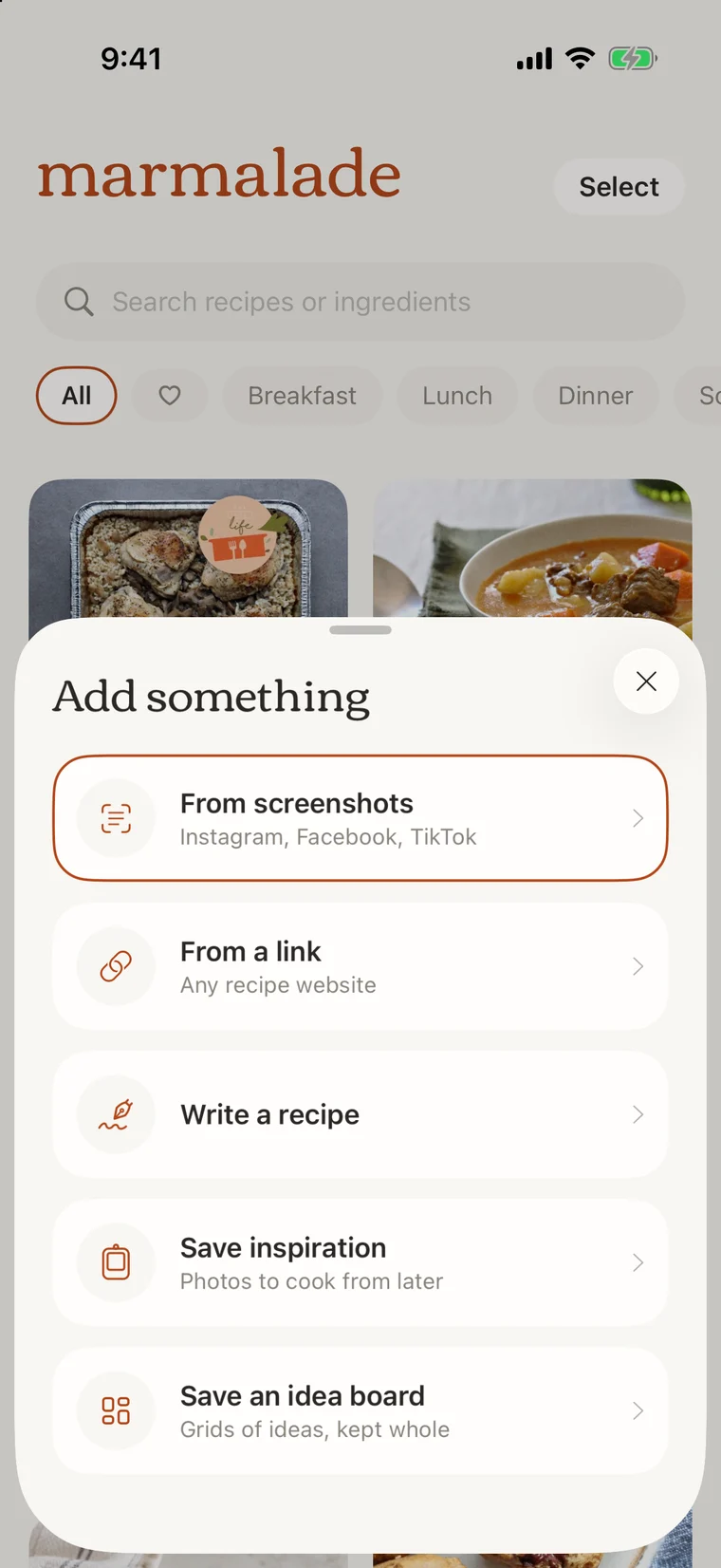 Marmalade add sheet: from screenshots, from a link, write a recipe, save inspiration, save an idea board