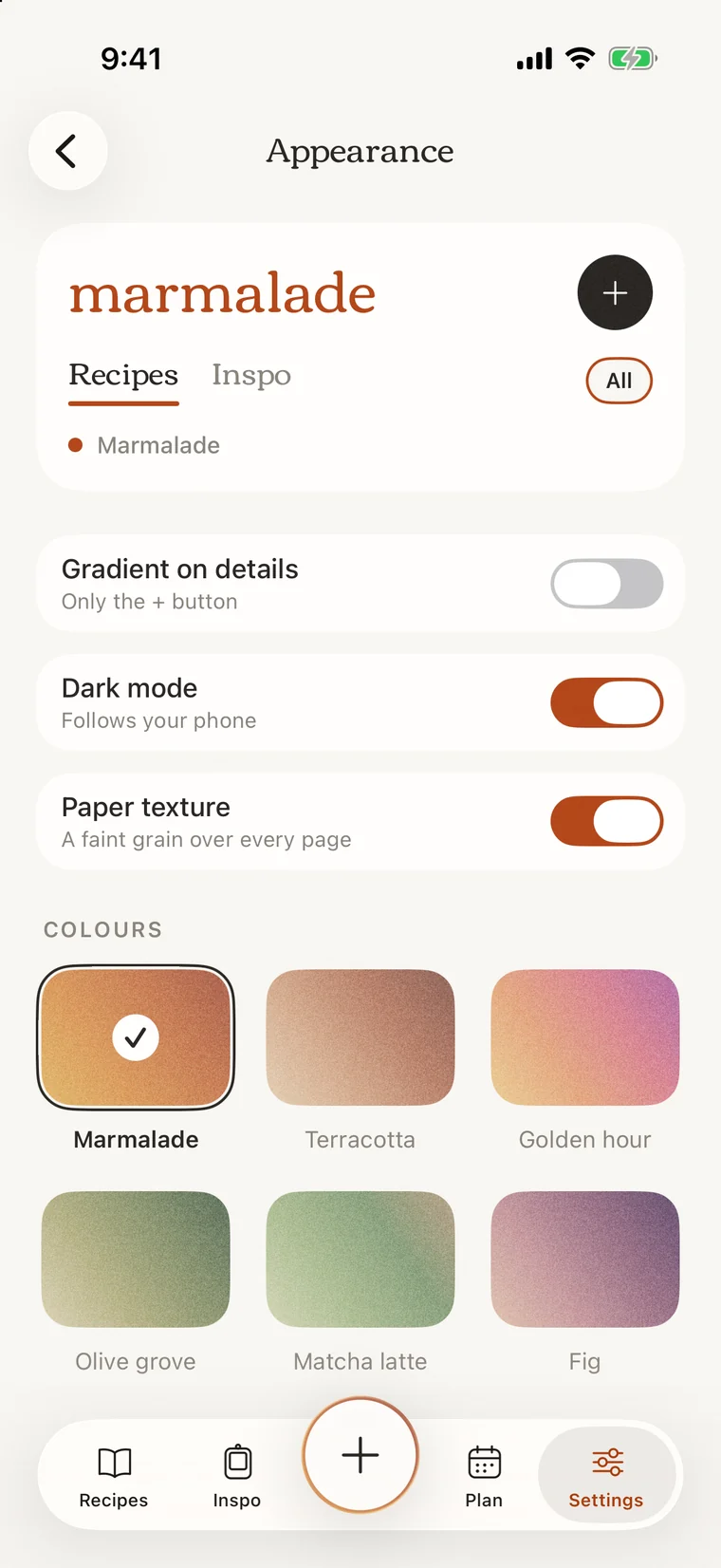 Marmalade appearance settings with its six palettes