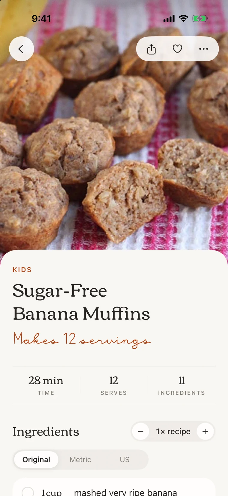 Marmalade recipe page: Sugar-Free Banana Muffins with time, servings and ingredients