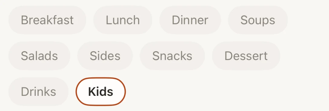 Category chips, the selected one outlined