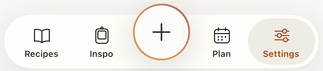 The tab bar: thin outline icons around the + ring