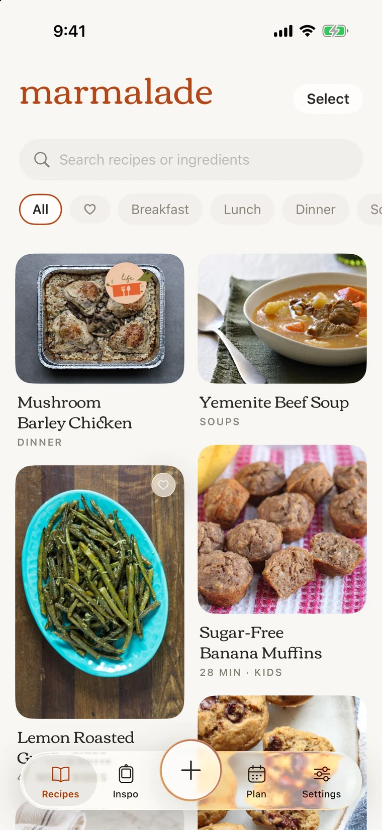 Marmalade recipes screen: a two-column grid of recipe cards with photos