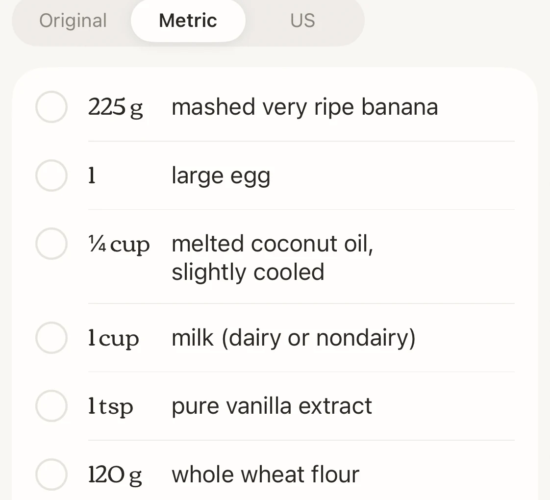 Ingredients in metric: flour and banana in grams, teaspoons left as written