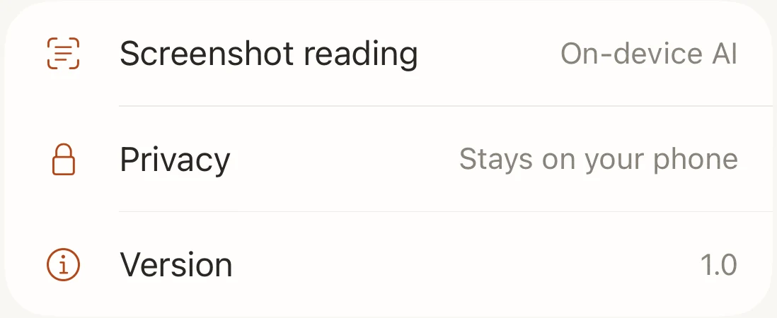 Settings: screenshot reading uses on-device AI, privacy says it stays on your phone