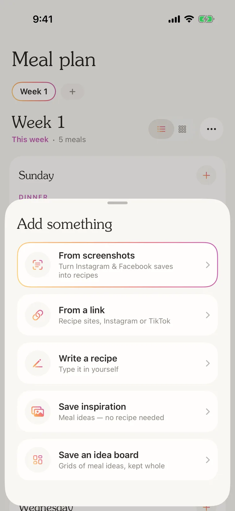 Mystic add sheet: from screenshots, from a link, write a recipe, save inspiration, save an idea board