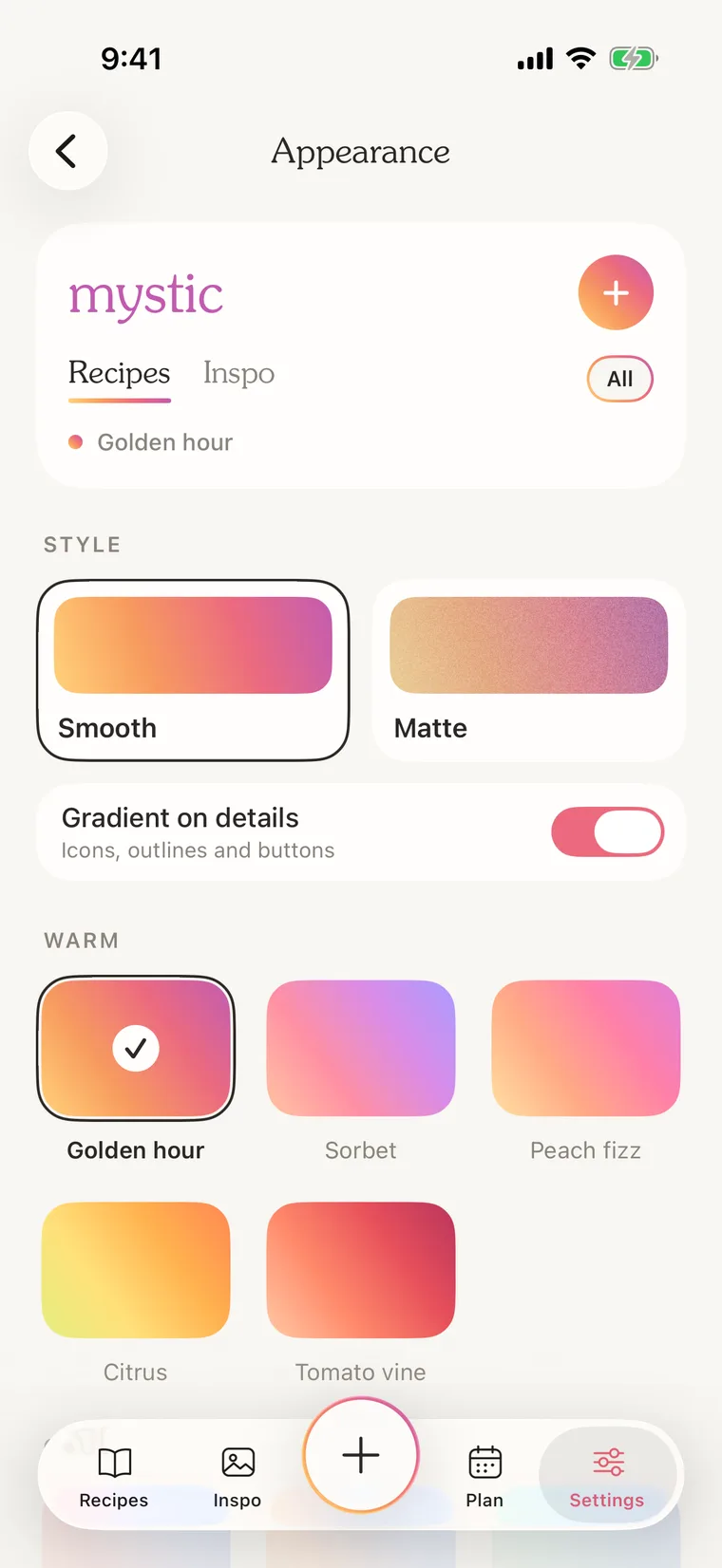 Mystic appearance settings with gradient palettes