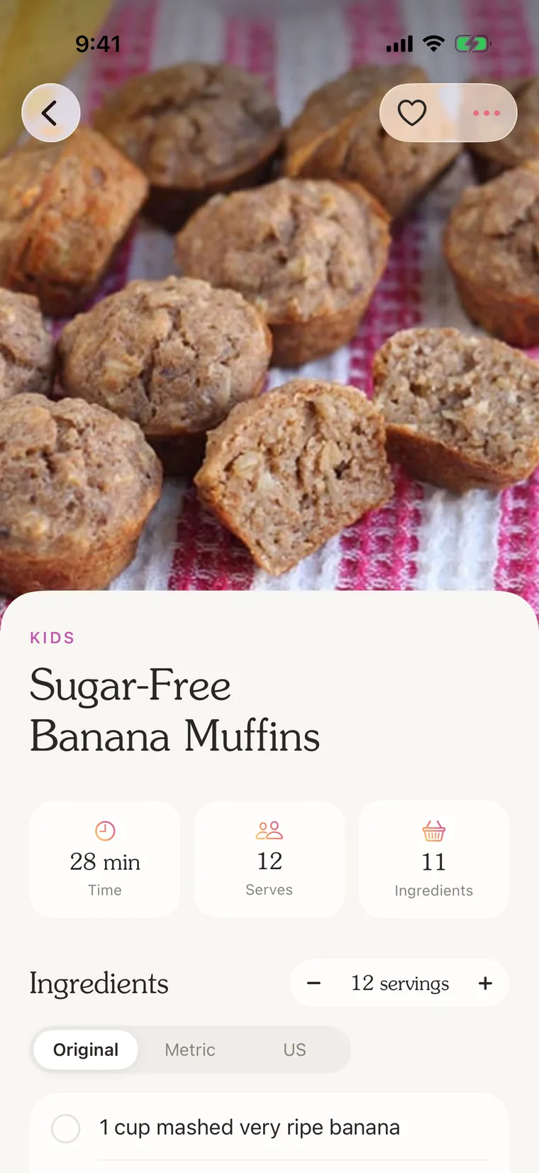 Mystic recipe page: Sugar-Free Banana Muffins with time, servings and ingredients