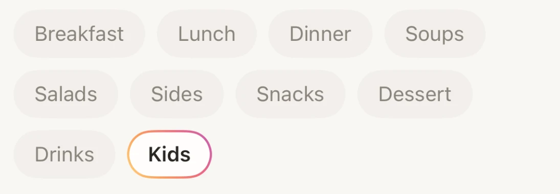 Category chips, the selected one outlined in the gradient