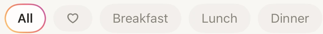 Recipe filter chips: All, favorites, Breakfast, Lunch, Dinner