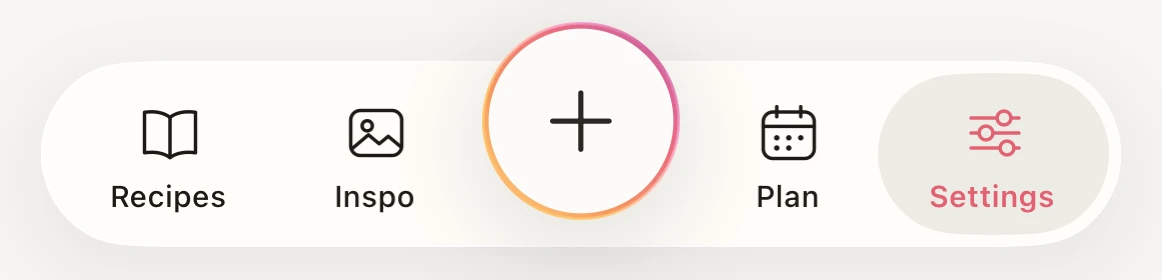 The tab bar: thin outline icons around the gradient ring add button