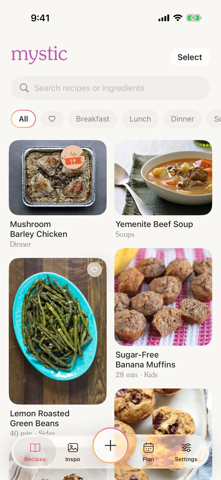 Mystic recipes screen: a two-column grid of recipe cards with photos