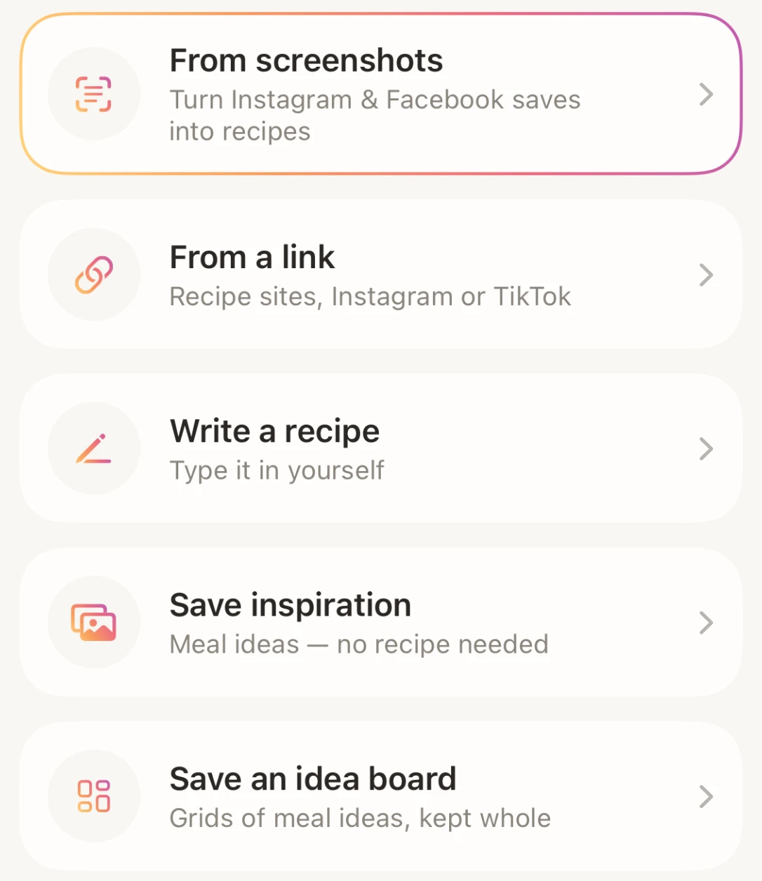 Mystic add sheet: from screenshots, from a link, write a recipe, save inspiration, save an idea board