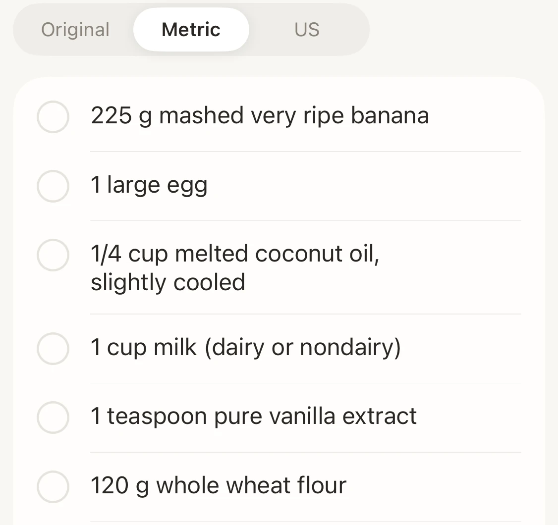 Ingredients in metric: flour and banana in grams, teaspoons left as written