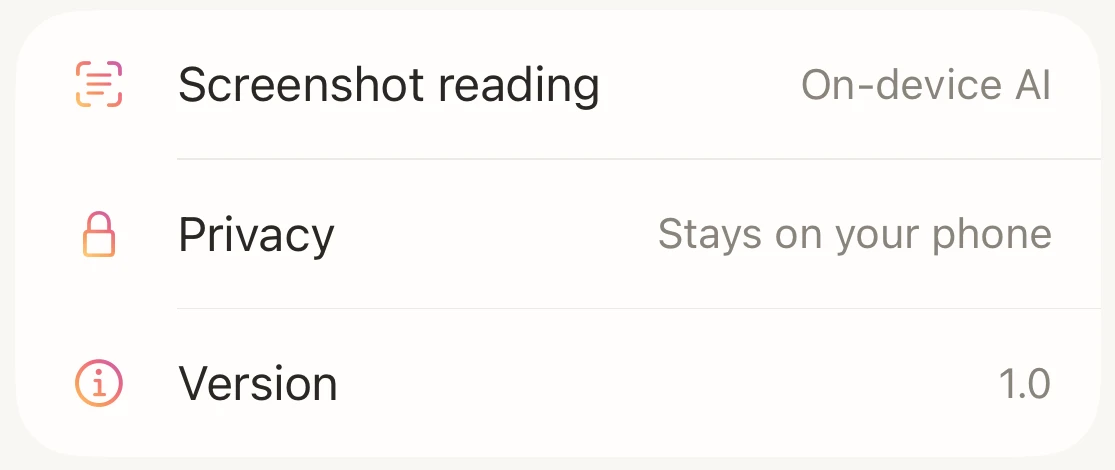 Settings: screenshot reading uses on-device AI, privacy says it stays on your phone