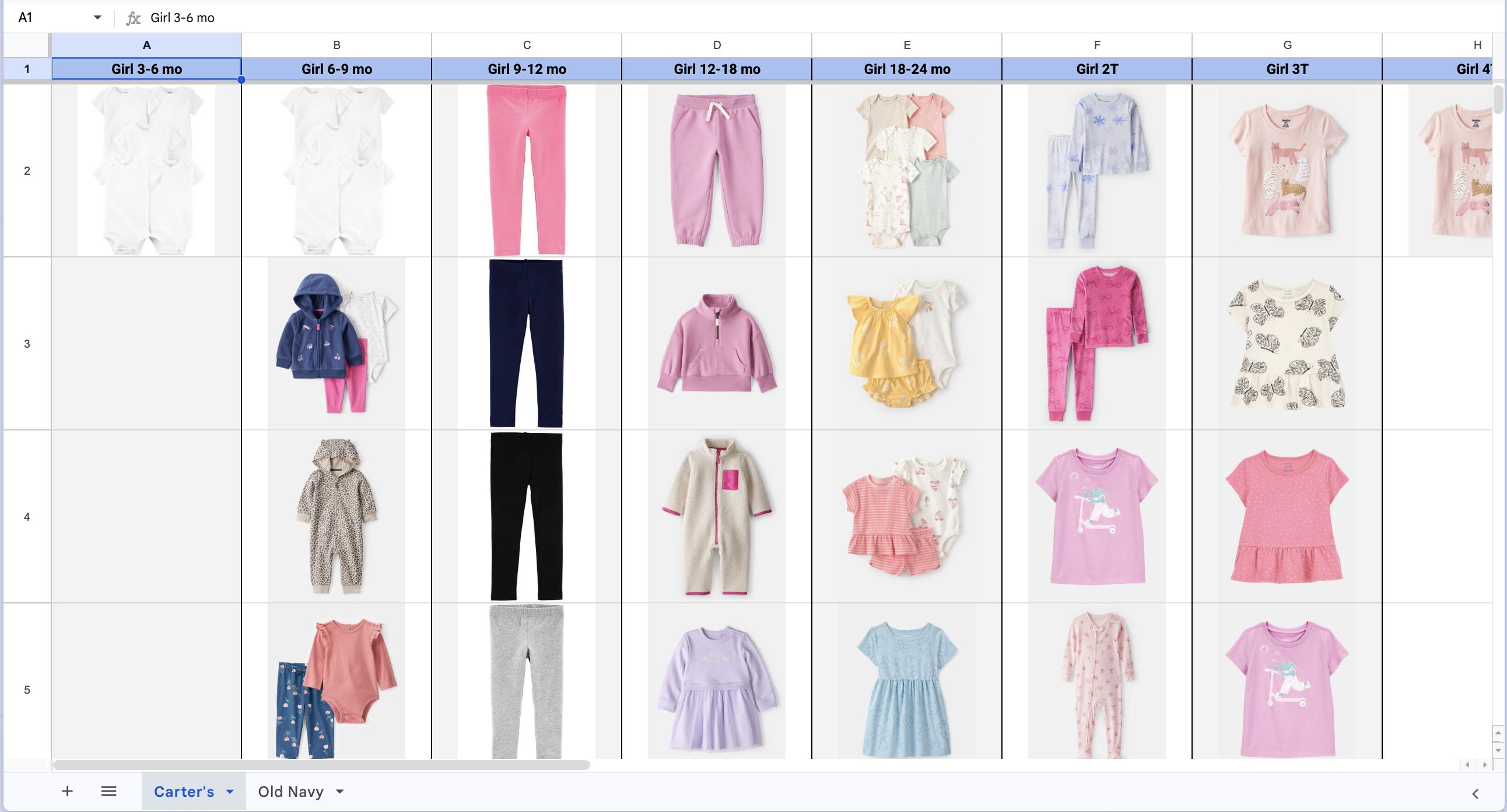 A tracking spreadsheet, product photos pasted by size and store