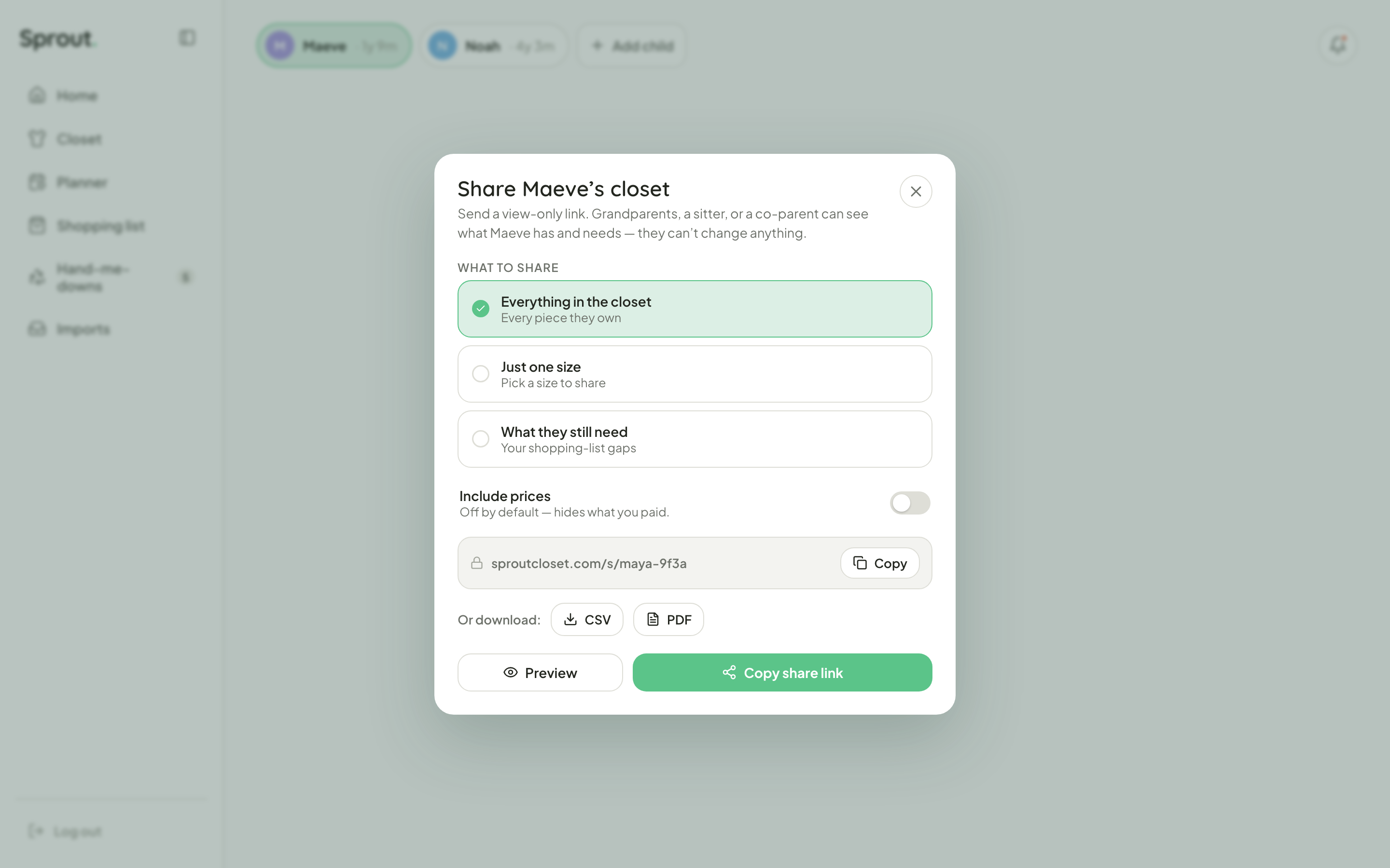 Sprout share sheet: a view-only link plus CSV and PDF export