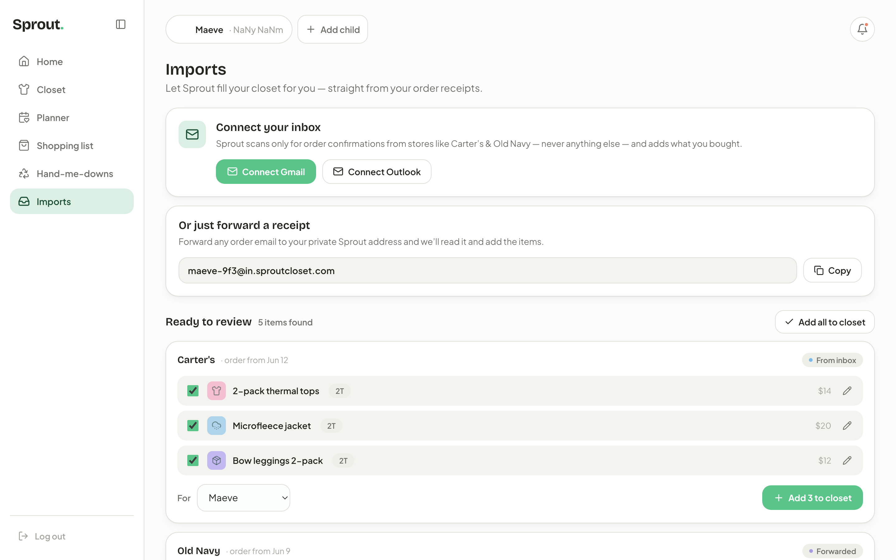 Sprout imports: connect your inbox or forward a receipt to auto-fill the closet